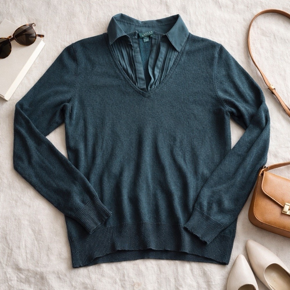 Lauren Ralph Lauren Silk Cashmere Collared V-Neck Sweater Top M